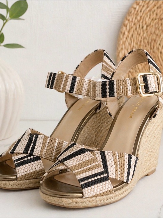 Cole Haan Shoes - Cole Haan Espadrille Wedge Sandals 7B | Woven Raffia Stripe Bow Ankle Strap